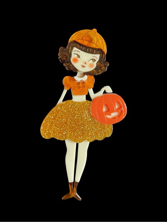 Jewelry - Halloween Pumpkin Costume Pin - Orange Glitter Dress